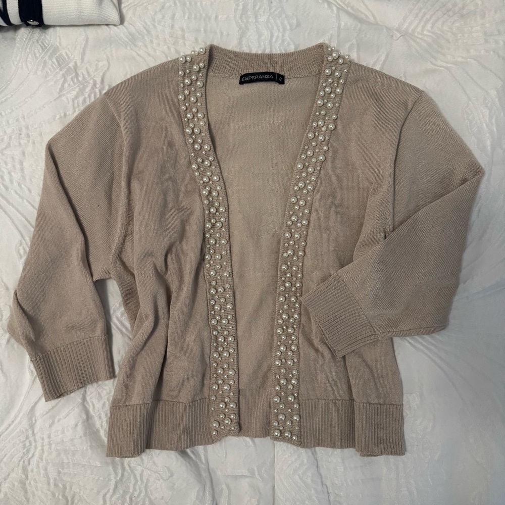 Chic Taupe Cardigan with Pearl Details